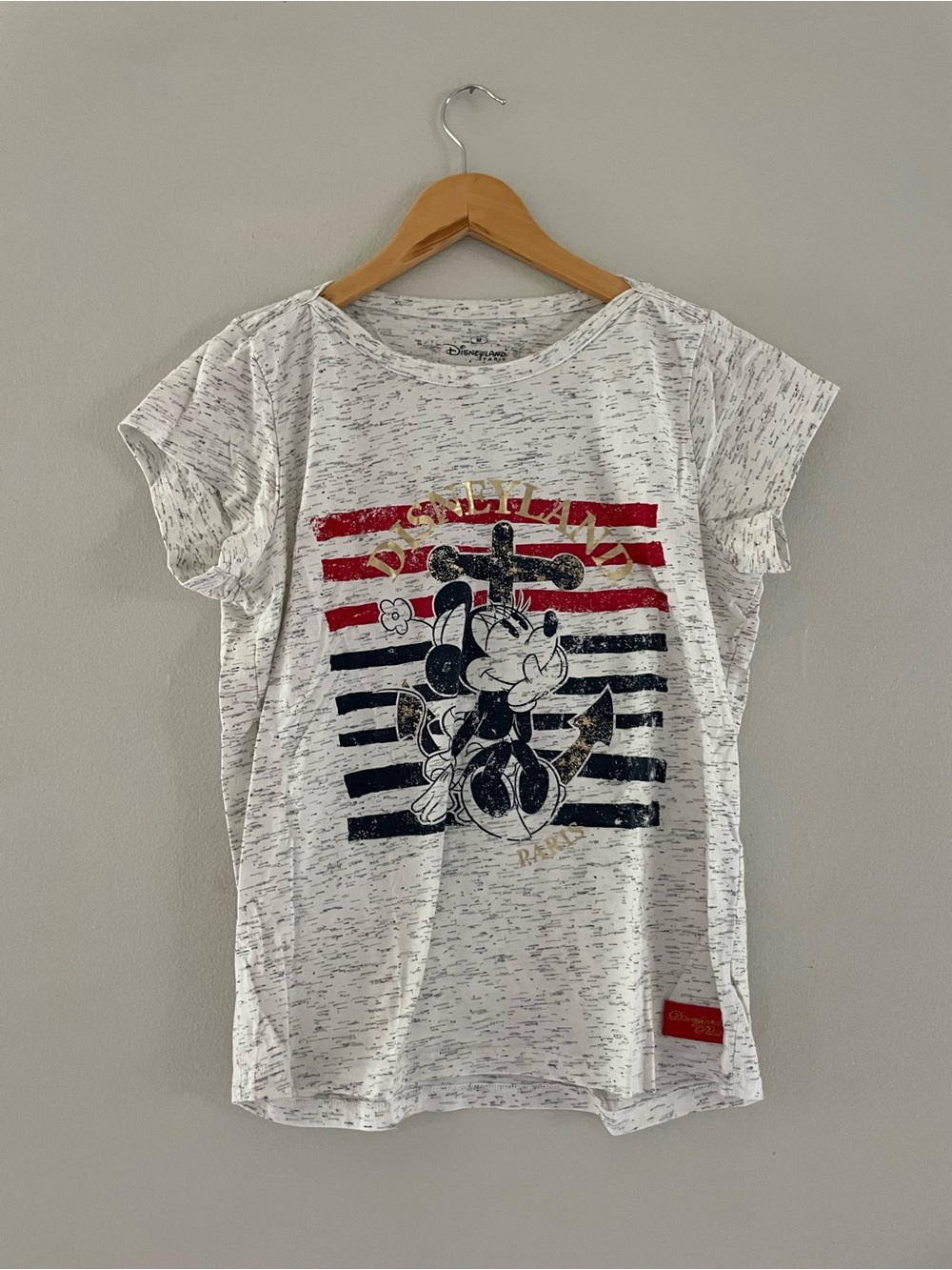 Disneyland White Heathered Short Sleeve Tee with Red and Navy Stripes
